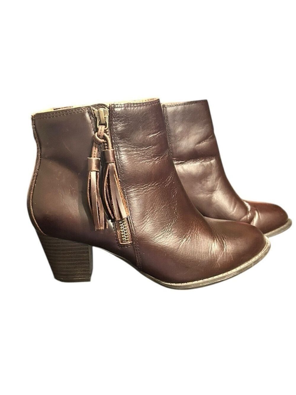 VIONIC Madeline Chocolate Brown Leather Heeled Ankle Boots Tassle Zip 6.5 WIDE